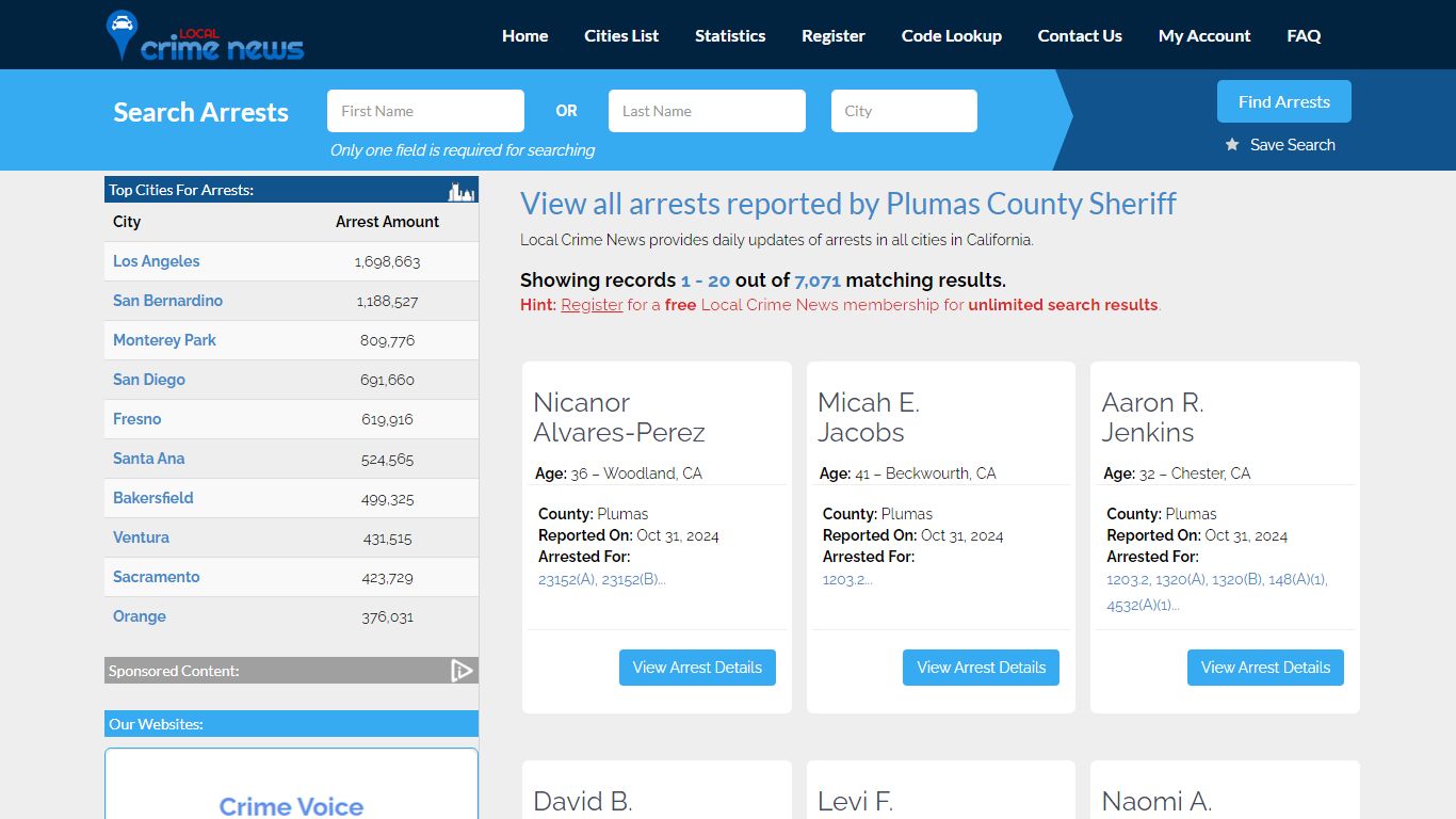 Arrests reported by Plumas County Sheriff - Local Crime News